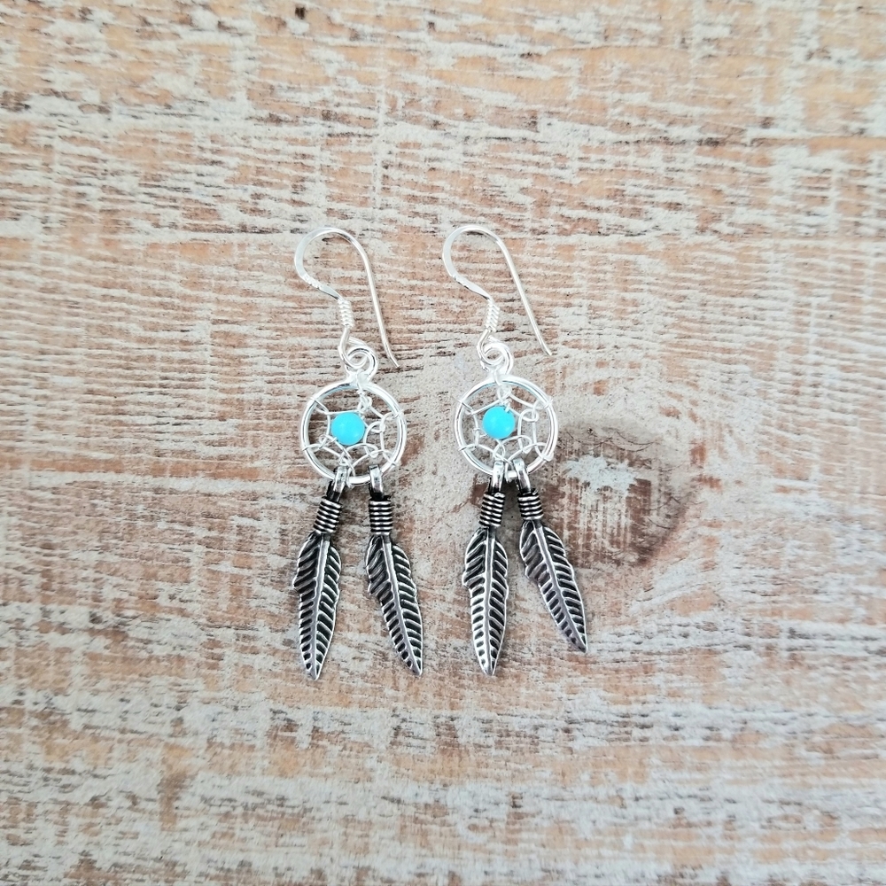 Turquoise Dream Catcher & Feather Earrings